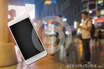 Blurred windows and city shopping concept with asian men and empty phone template ready to insert your logo or website. Shoppers Stock Photo