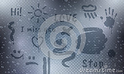 Blurred wiped mirror. Misted glass with lettering. Clean rain. Fresh steam in bathroom. Wet surface. Nature vapor. Aqua Vector Illustration
