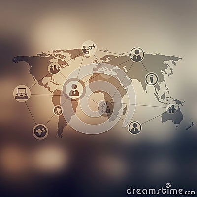 A blurred world map features interconnected icons symbolizing various aspects of Cartoon Illustration