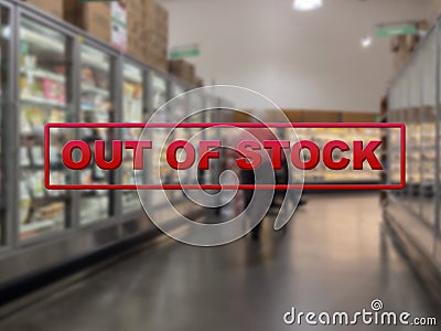 Blurry background of people shopping inside a grocery store with the words Out Of Stock in the foreground Stock Photo