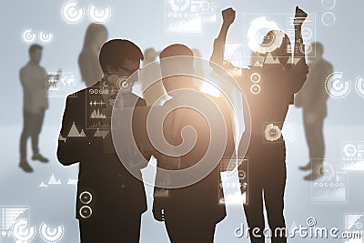 Blurry businesspeople silhouettes with business charts on light background. Teamwork and finance concept. Stock Photo