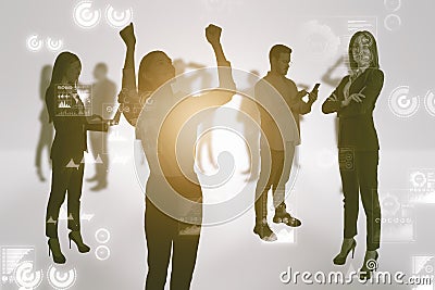 Blurry businesspeople silhouettes with business charts on background. Teamwork and finance concept. Double exposure Stock Photo