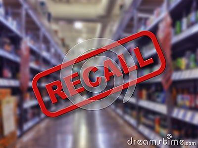 Blurry interior of a liquor store aisle behind large red Recall text Stock Photo