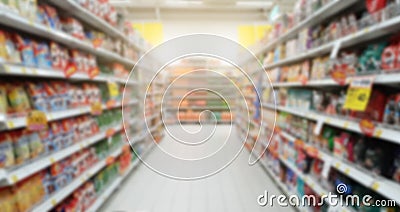 Blurry shopping shelves in supermarket and department store. Shopping mall product showcase walkway in front of shopping cart Stock Photo