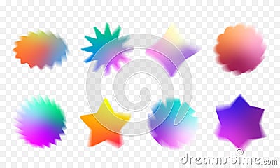 Blurry sun starburst shapes set with aura effect. Colorful price offer stars decorative holographic gradient elements Vector Illustration