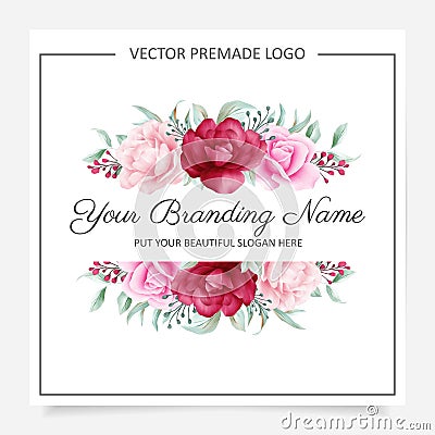 Blush and burgundy flowers logo premade. Editable floral badge for wedding or branding Vector Illustration