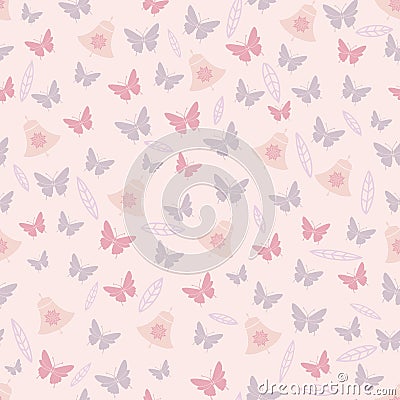 Blush Butterfly Flowers Leaves and Bells Spring Tea Party Seamless Pattern Stock Photo