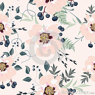 Blush pink bouquets on the apricot background. Seamless pattern with delicate flowers. Vector Illustration