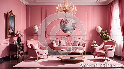 Blushing Harmony: A Living Room with Two Chairs and a Tea Table in Pink-Tinted Splendor Stock Photo