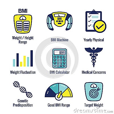 BMI / Body Mass Index Icons w scale, indicator, & calculator Vector Illustration