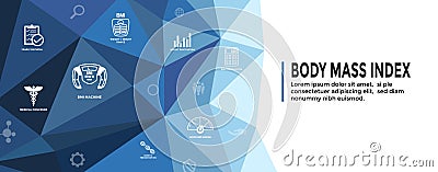 BMI or Body Mass Index Icons with Web Header Banner- scale, indicator, and calculator Vector Illustration