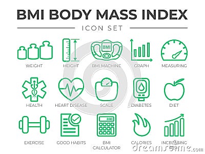 BMI Body Mass Index Outline Icon Set. Weight, Height, BMI Machine, Graph, Measuring, Health, Heart Disease, Scale, Diabetes, Diet Vector Illustration