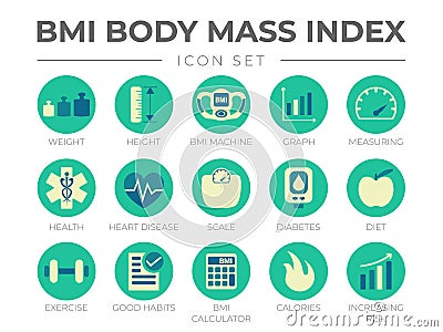 BMI Body Mass Index Round Color Icon Set. Weight, Height, BMI Machine, Graph, Measuring, Health, Heart Disease, Scale, Diabetes, Vector Illustration