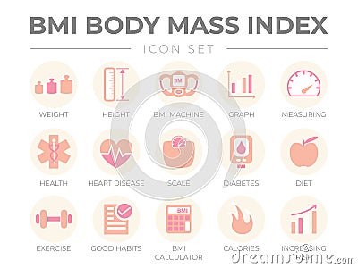 BMI Body Mass Index Round Outline Icon Set of Weight, Height, BMI Machine, Graph, Measuring, Health, Heart Disease, Scale, Vector Illustration