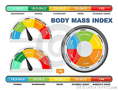 BMI chart, scale, vector illustration. Body mass index meter, weight control measurement tool. Vector Illustration