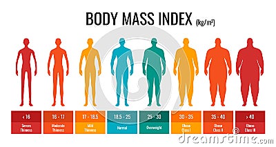 BMI classification chart measurement man set. Male Body Mass Index infographic with weight status from underweight to Vector Illustration