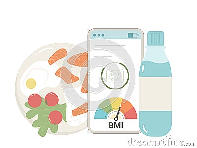 BMI and weight control application and healthy eating habit. Body mass index and counting calories on phone isolated on white Vector Illustration