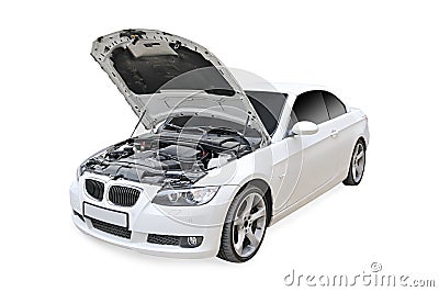 BMW 335i Bonnet open isolated Stock Photo