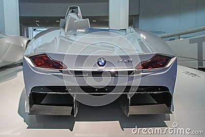 BMW H2R is a concept car of a sports hybrid car. The car uses liquid hydrogen and was created in 2004. Rear view. BMW Museum Editorial Stock Photo