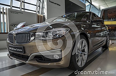 BMW 328i Gran Turismo sport car on display at the BMW Welt in Munich Editorial Stock Photo