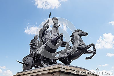 Boadicea and Her Daughters is a bronze sculptural group in London representing Boudica, queen of the Celtic Iceni tribe, Stock Photo