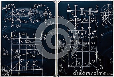 Board with chalk. Formulas, numbers and graphs with drawings are written on the board with chalk. Geometry and trigonometry. Stock Photo