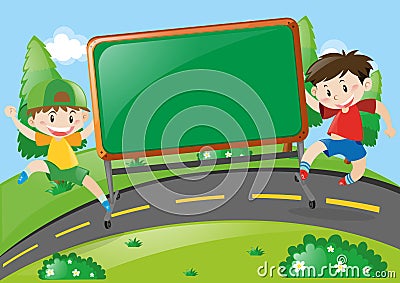 Board design with two boys on the road Vector Illustration