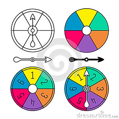Board game color spinner with numbers set. Different style arrows and round body separate. Color sectors circle. Vector Illustration
