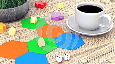 Board game, figures and dice. A cup of coffee on a wooden table. 3D illustrations Stock Photo