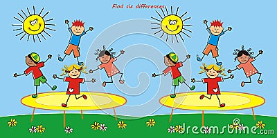 Board game, find six differences, jumping kids on trampoline, vector illustration Vector Illustration