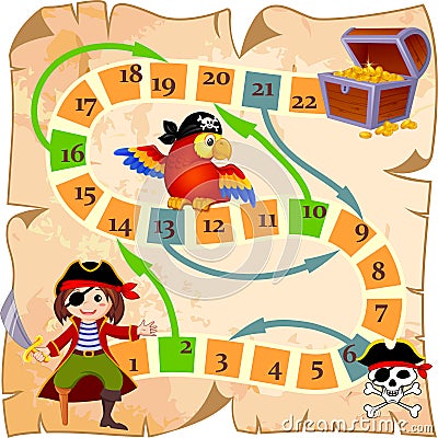 Board game with pirate, parrot, jolly roger and treasure chest Vector Illustration