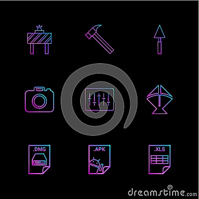 Board , hammer , camera , apple dmg file , spade , equilizer , Vector Illustration