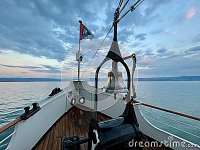 On board of historic steamer Hohentwiel on Lake of Constance, Vorarlberg, Austria, 15.06.2023. Editorial Stock Photo