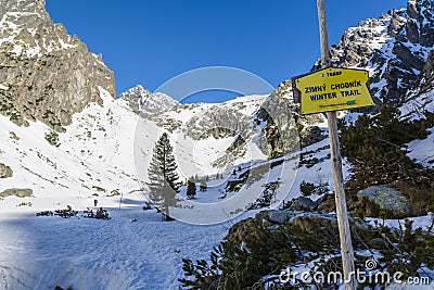 A board informing about the course of the winter trail to the Teryho chata shelter (Terynka) in the Slovak High Tatras Editorial Stock Photo