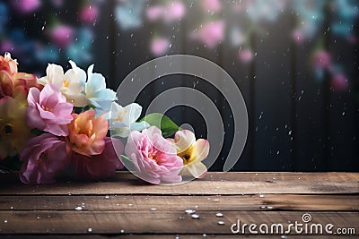 bokeh wood table advertise leaf background wooden design rustic flowers board. Generative AI. Stock Photo