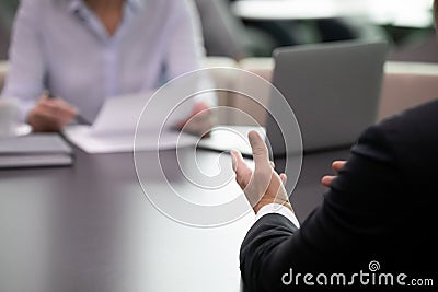 Ceo express professional opinion offer solutions based on experience closeup Stock Photo