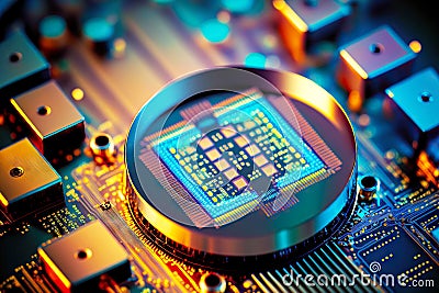 Board with microchips circuits and nanoelectronics wafer semiconductor manufacturing Stock Photo