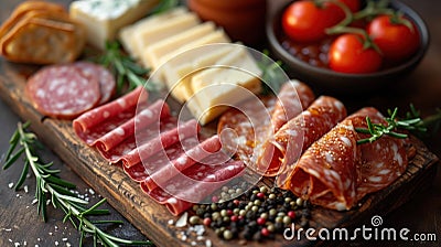 board with sliced cheese and jamon Cartoon Illustration