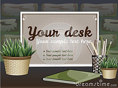 Board for text with a flower pot on a brick background Vector Illustration