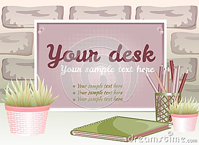 Board for text with a flower pot on a brick background Vector Illustration