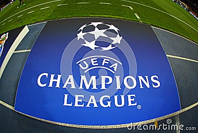 Board with UEFA Champions League Logo on the ground Editorial Stock Photo