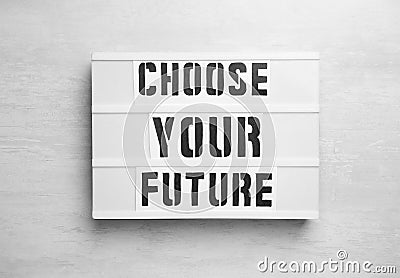 Board with words CHOOSE YOUR FUTURE on wooden background, top view. Career concept Stock Photo