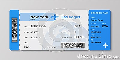 Boarding ticket. Airplane flight pass mockup, plane travel invitation card. Vector realistic concept of ticket for Vector Illustration