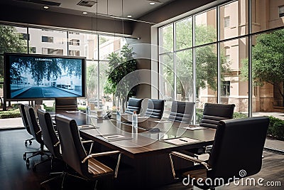 A boardroom with executives discussing business strategies. Stock Photo
