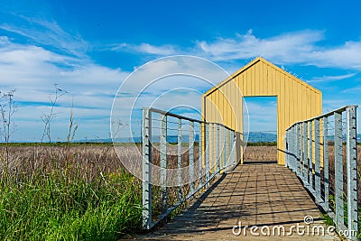 Open gate to nature. Boardwalk across marshland Stock Photo