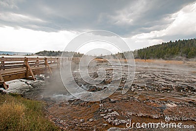 Boardwalk over Hot Cascades hot spring in the Lower Geyser Basin in Yellowstone National Park in Wyoming USA Stock Photo