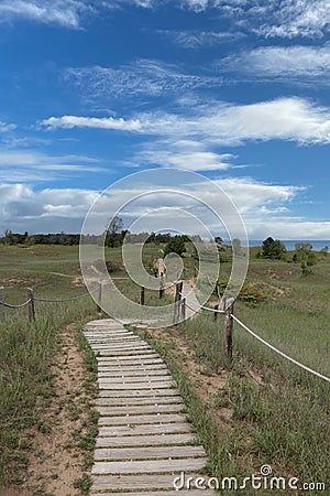 A boardwalk through sand dunes with grasses, shrubs and trees along Lake Michigan at Kohler Andrae State Park Stock Photo