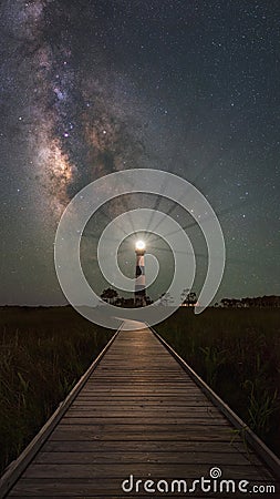 Boardwalk To Bodie Light and The Milky Way Galaxy Stock Photo