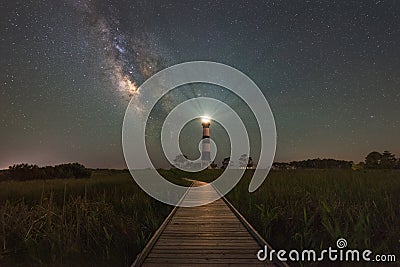 Boardwalk To Bodie Light and The Milky Way Galaxy Stock Photo