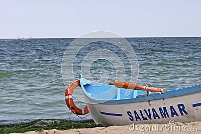 Rescue boat ready to be used in case of drowning Stock Photo